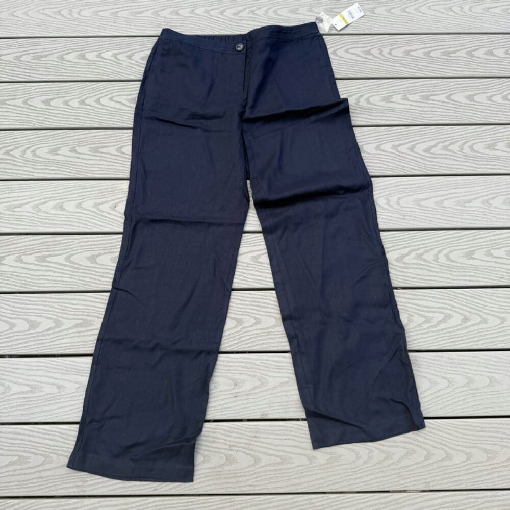 NWT Kim Rogers 100% Linen Pants Women’s Size 14 Dark Blue Elastic Waist